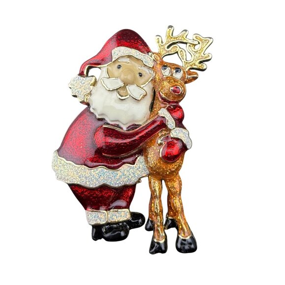Santa‎ Claus Reindeer Enamel Christmas Brooch Pin Gold-Tone Glitter Accents - Picture 1 of 4